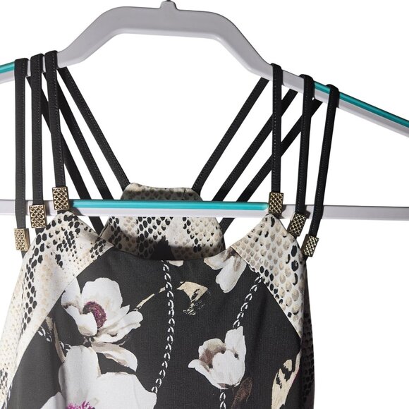 Black Floral Maxi Dress With Strappy Back & Snake Print Trim L - Picture 4 of 9